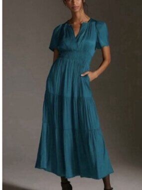 Anthropologie Turquoise Teal The Somerset Maxi Dress Satin Silk Smocked 1X 18